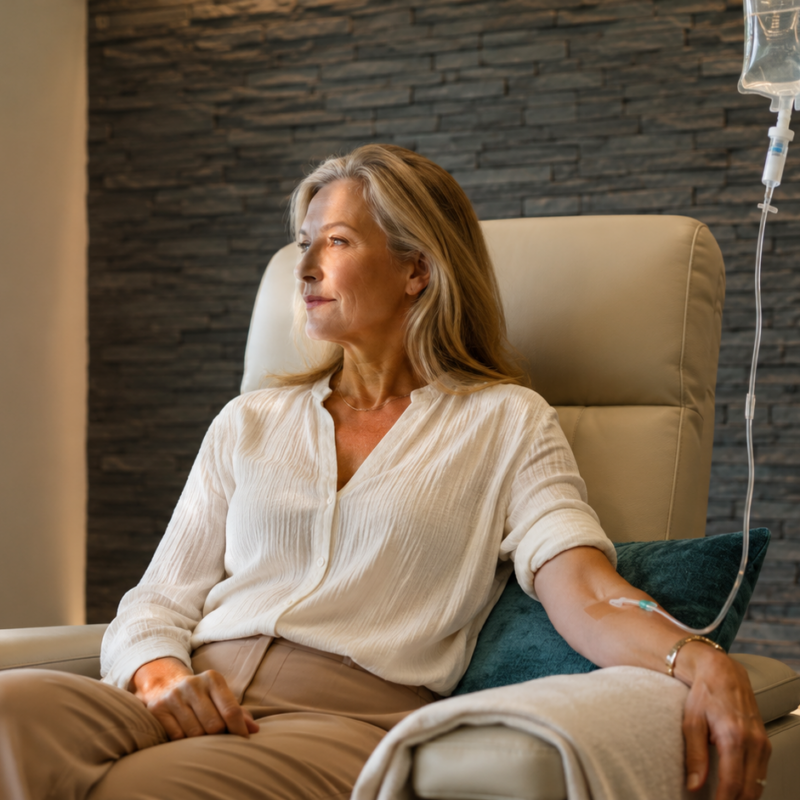 Woman receiving IV therapy
