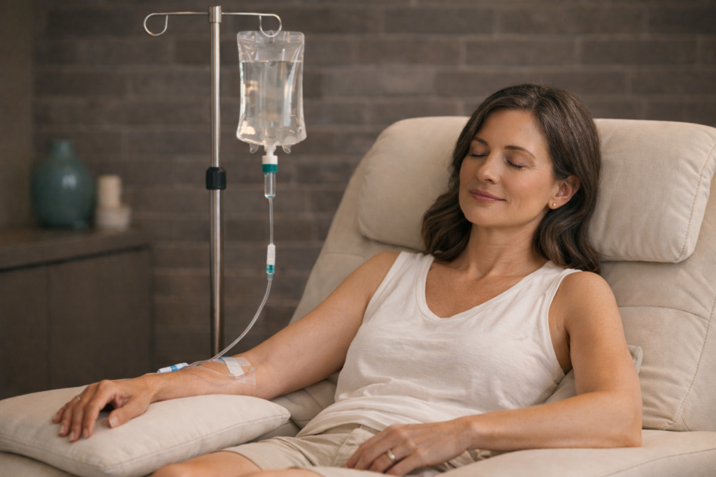 Woman relaxing in chair during IV infusion treatment