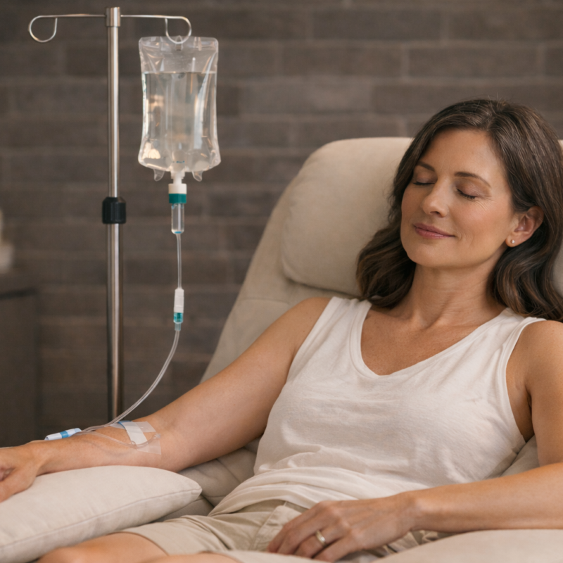 Woman relaxing in chair during IV infusion treatment
