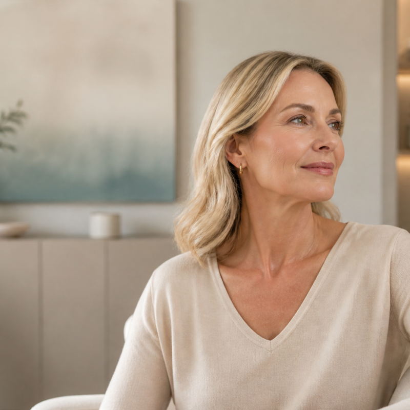 Woman showing side profile for neck and jawline tightening treatment