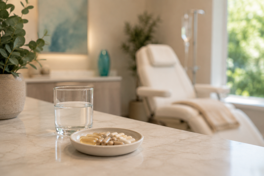 Oral supplements and water in an IV vitamin therapy room