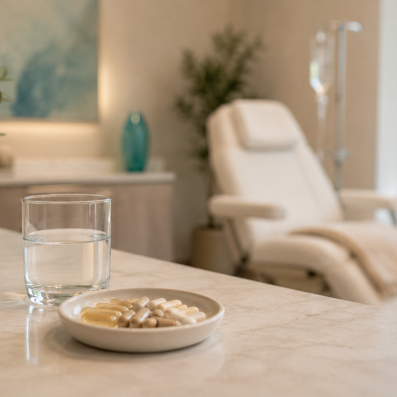 Oral supplements and water in an IV vitamin therapy room
