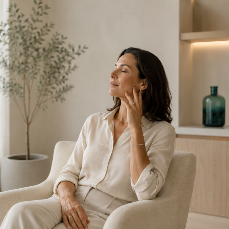 Woman relaxing indoors with hand on jaw during a peaceful wellness moment