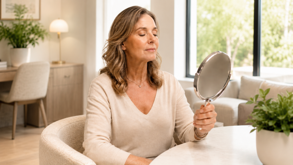 Woman using a hand mirror in a calm wellness consultation room